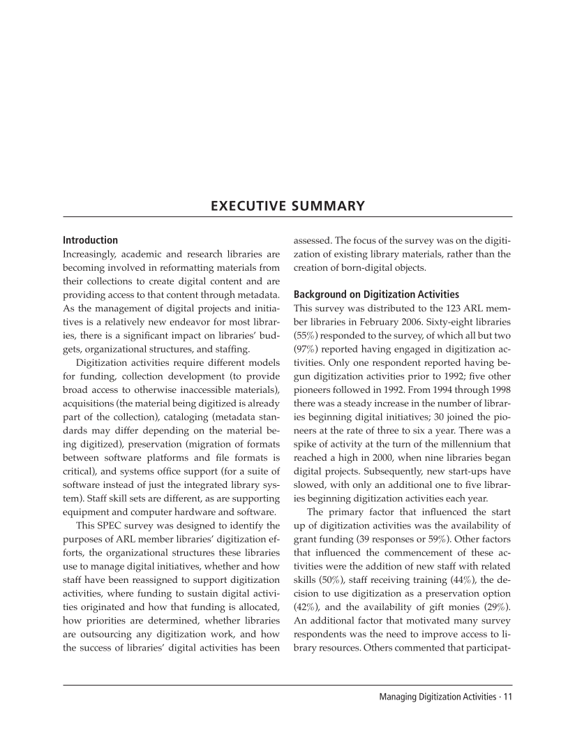 SPEC Kit 294: Managing Digitization Activities (September 2006) page 11