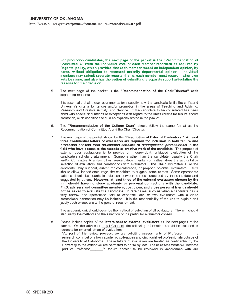 SPEC Kit 293: External Review for Promotion and Tenure (August 2006) page 66