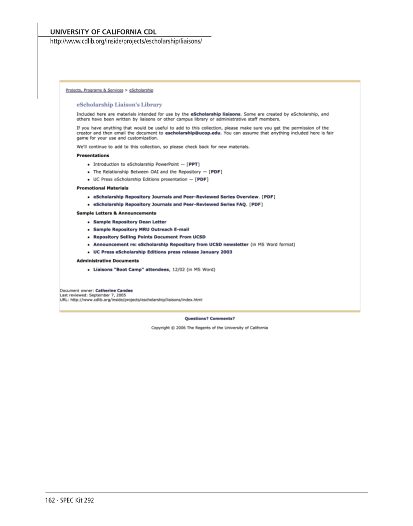 SPEC Kit 292: Institutional Repositories (July 2006) page 162