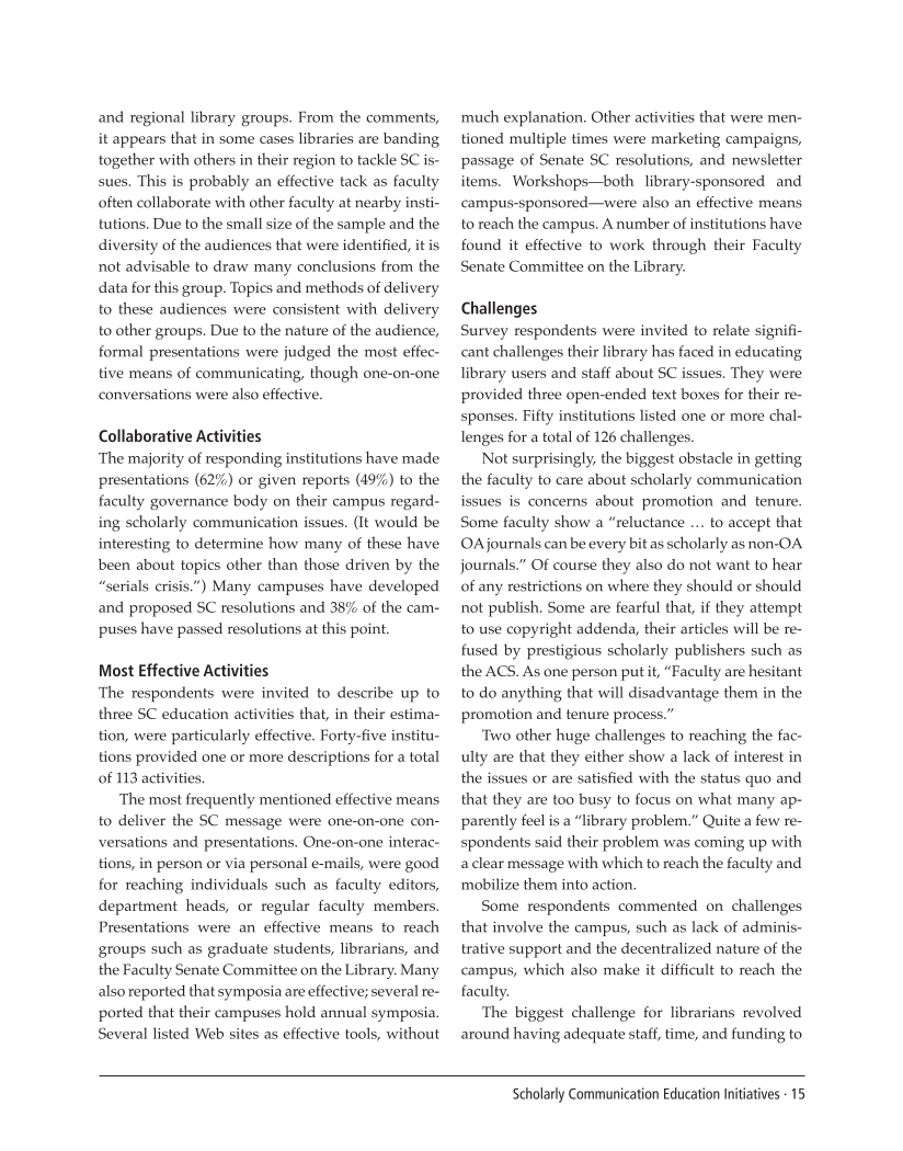 SPEC Kit 299: Scholarly Communication Education Initiatives (August 2007) page 15