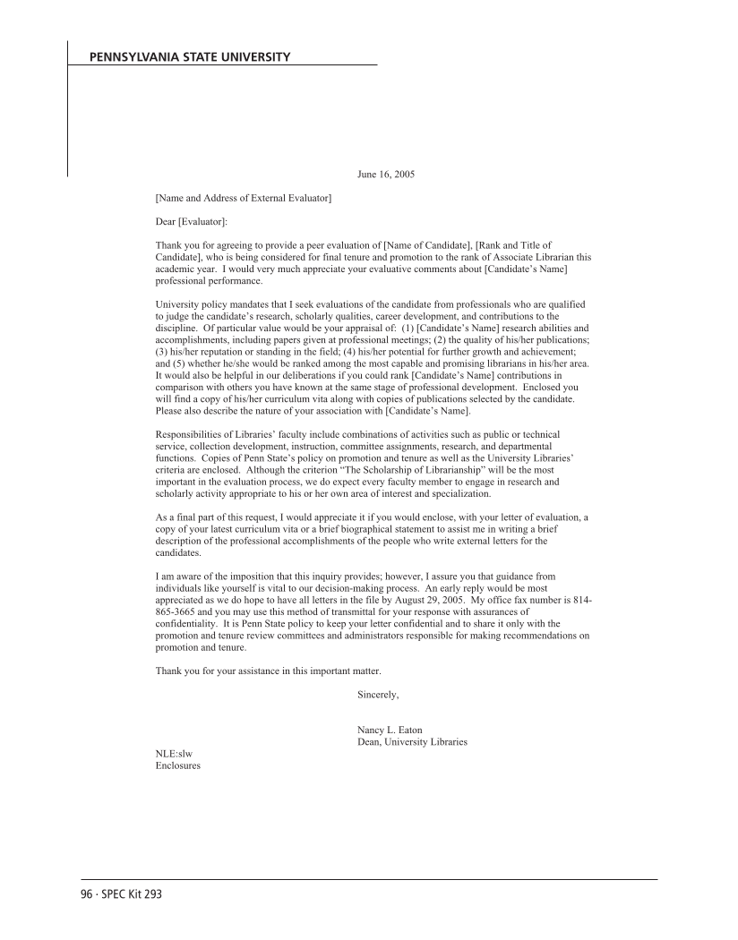 SPEC Kit 293: External Review for Promotion and Tenure (August 2006) page 96