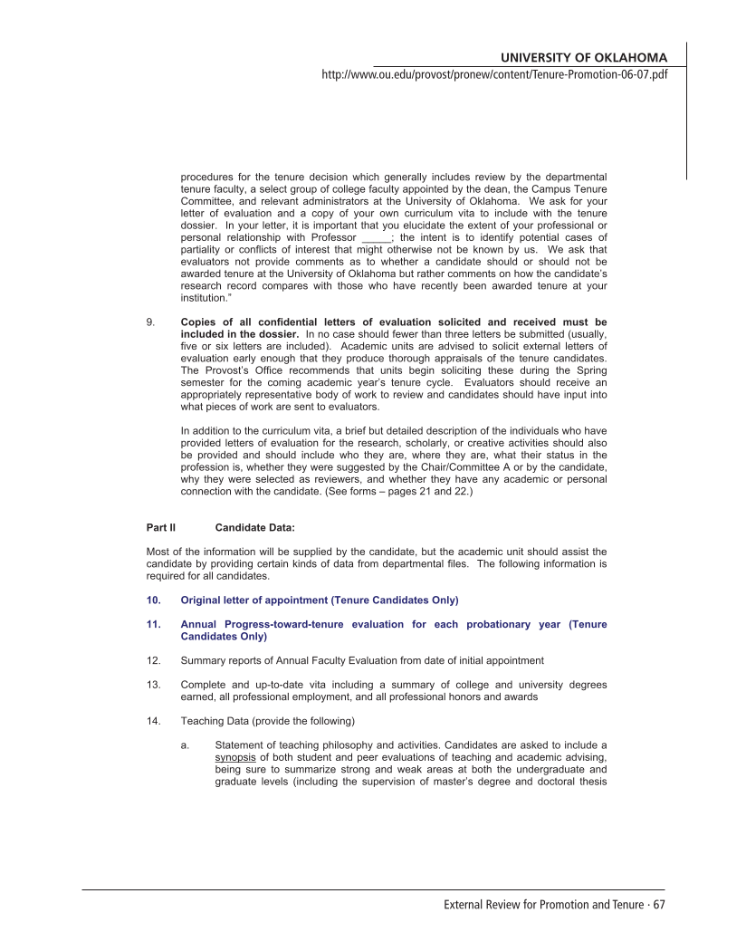 SPEC Kit 293: External Review for Promotion and Tenure (August 2006) page 67