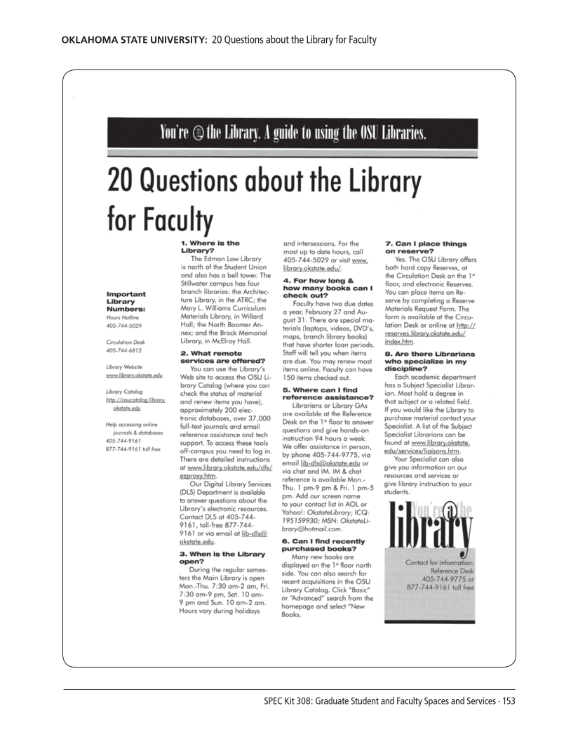 SPEC Kit 308: Graduate Student and Faculty Spaces and Services (November 2008) page 153