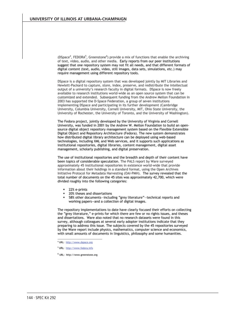 SPEC Kit 292: Institutional Repositories (July 2006) page 144