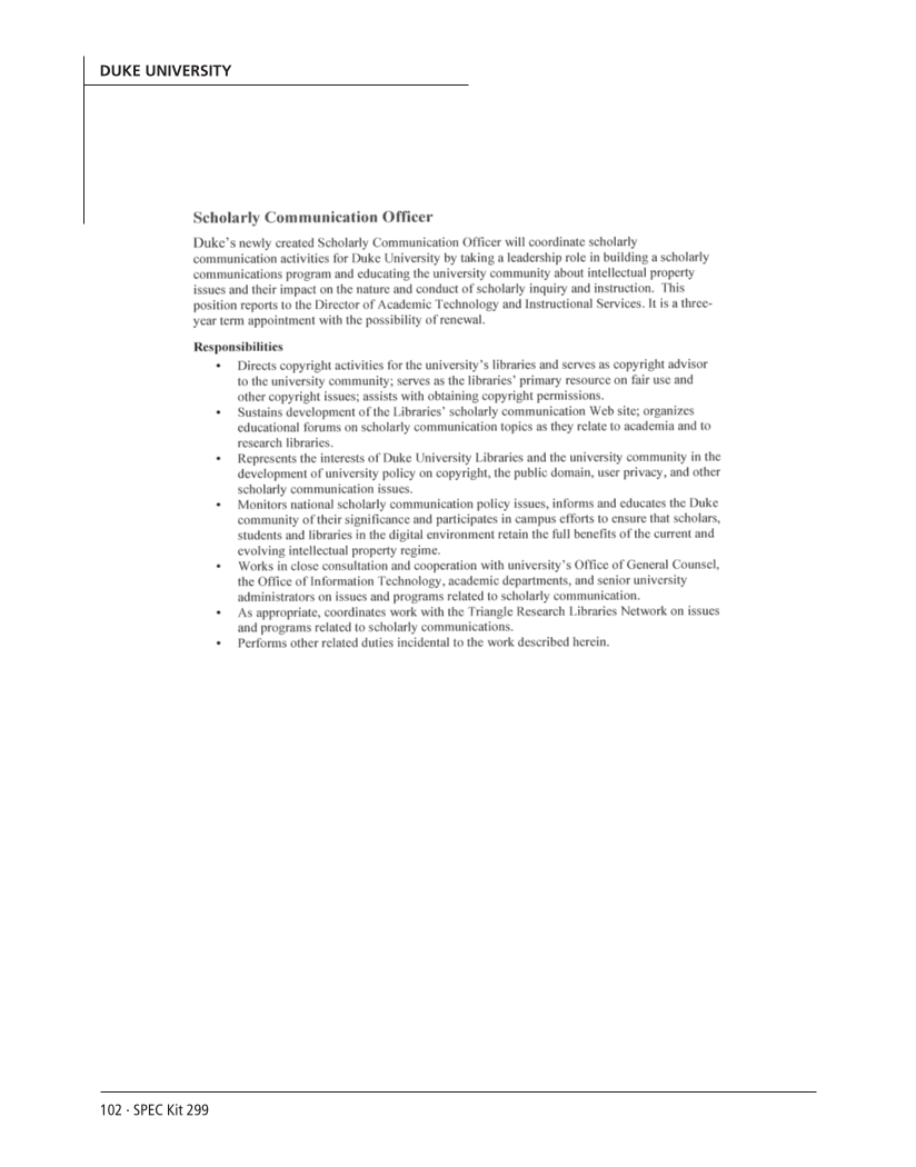 SPEC Kit 299: Scholarly Communication Education Initiatives (August 2007) page 102