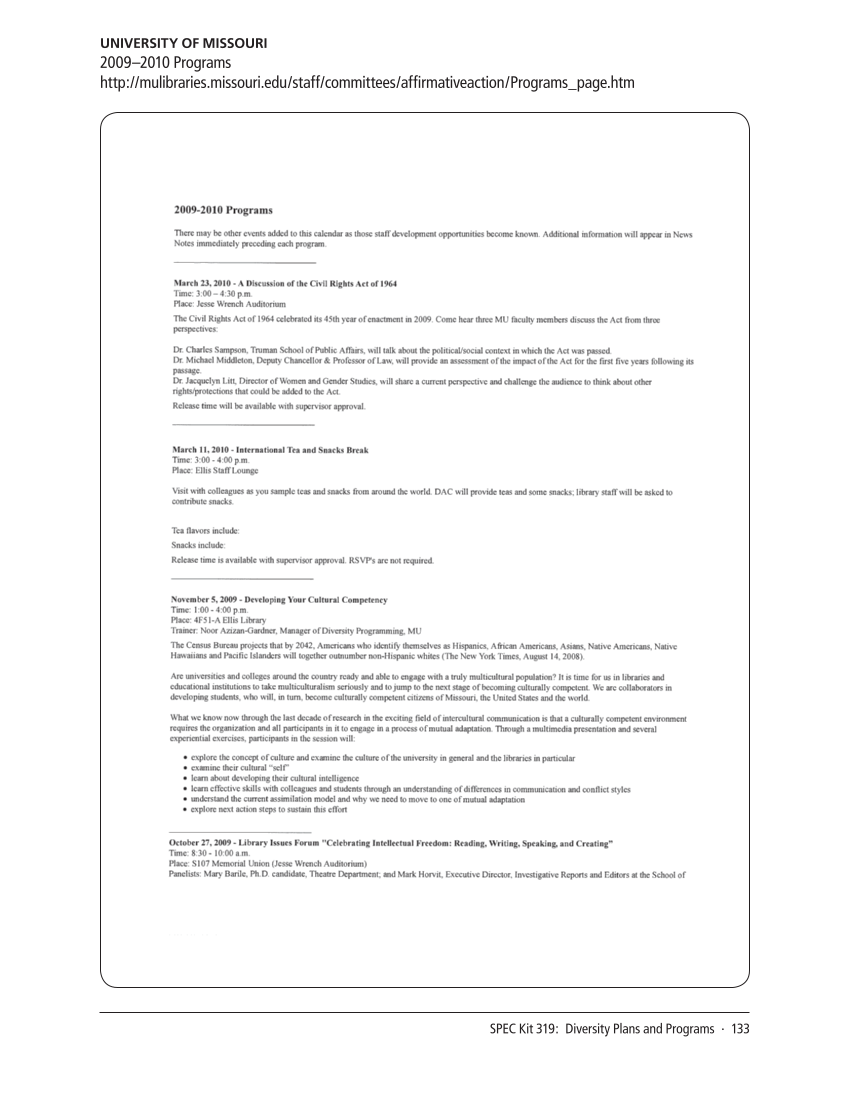 SPEC Kit 319: Diversity Plans and Programs (October 2010) page 133