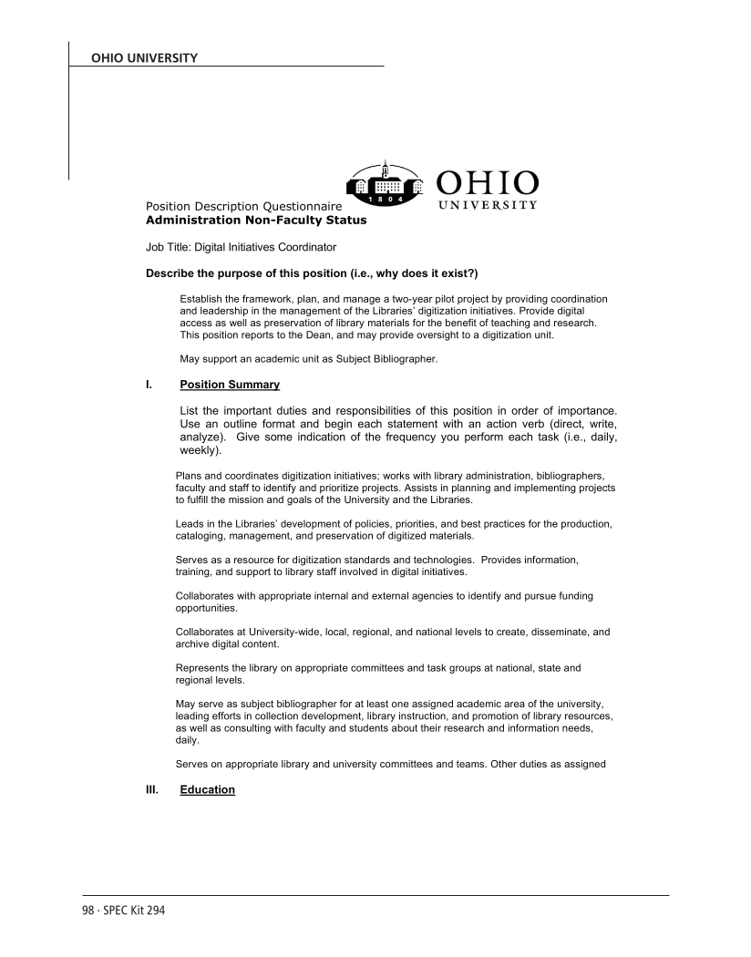 SPEC Kit 294: Managing Digitization Activities (September 2006) page 98