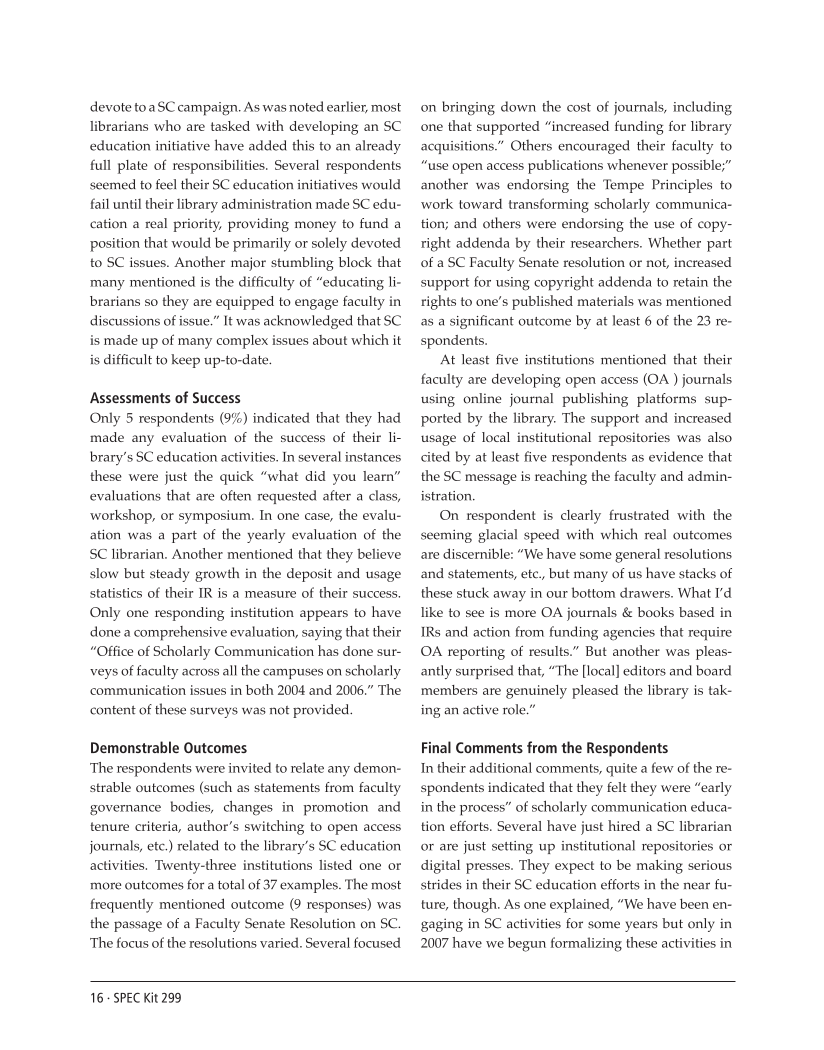 SPEC Kit 299: Scholarly Communication Education Initiatives (August 2007) page 16