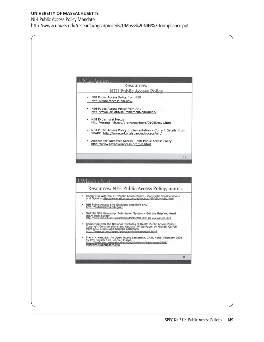 SPEC Kit 311: Public Access Policies (August 2009) page 149