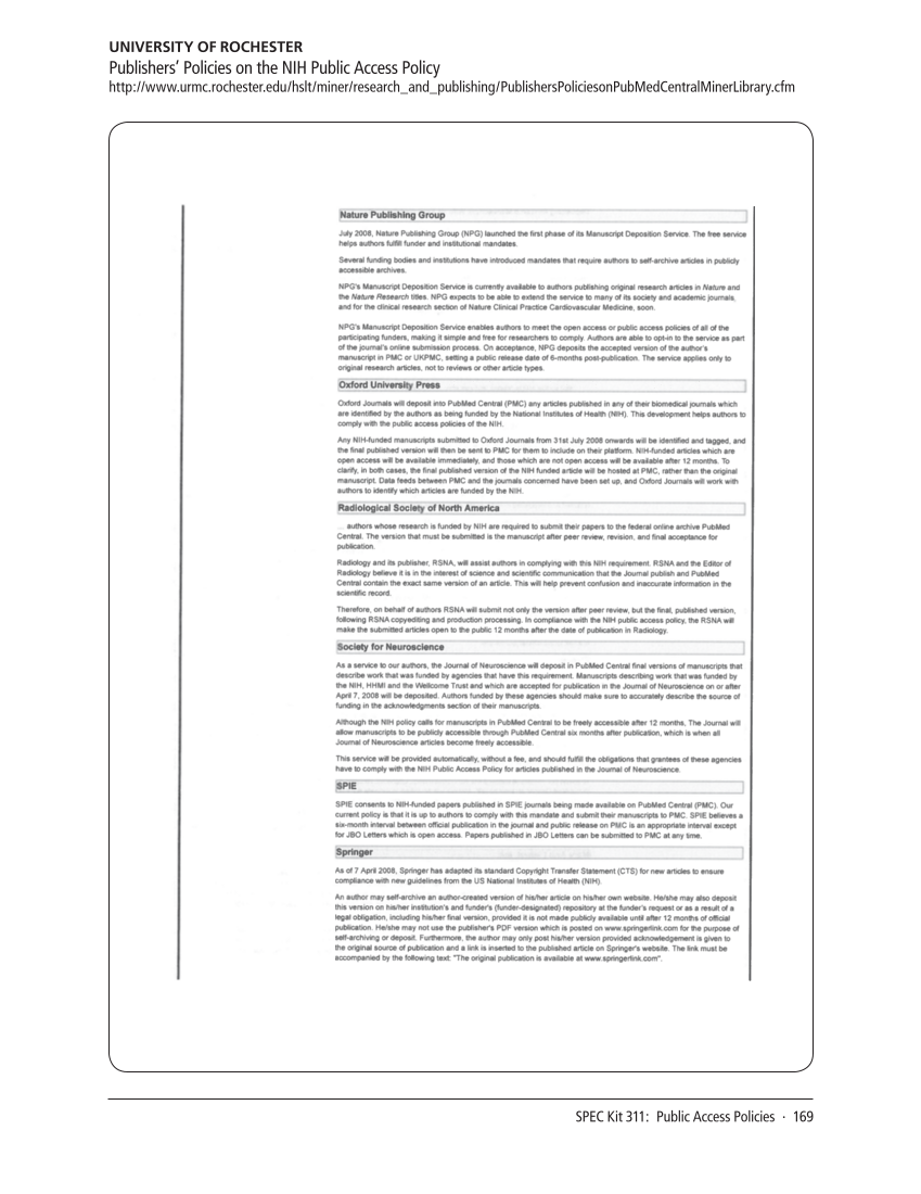 SPEC Kit 311: Public Access Policies (August 2009) page 169