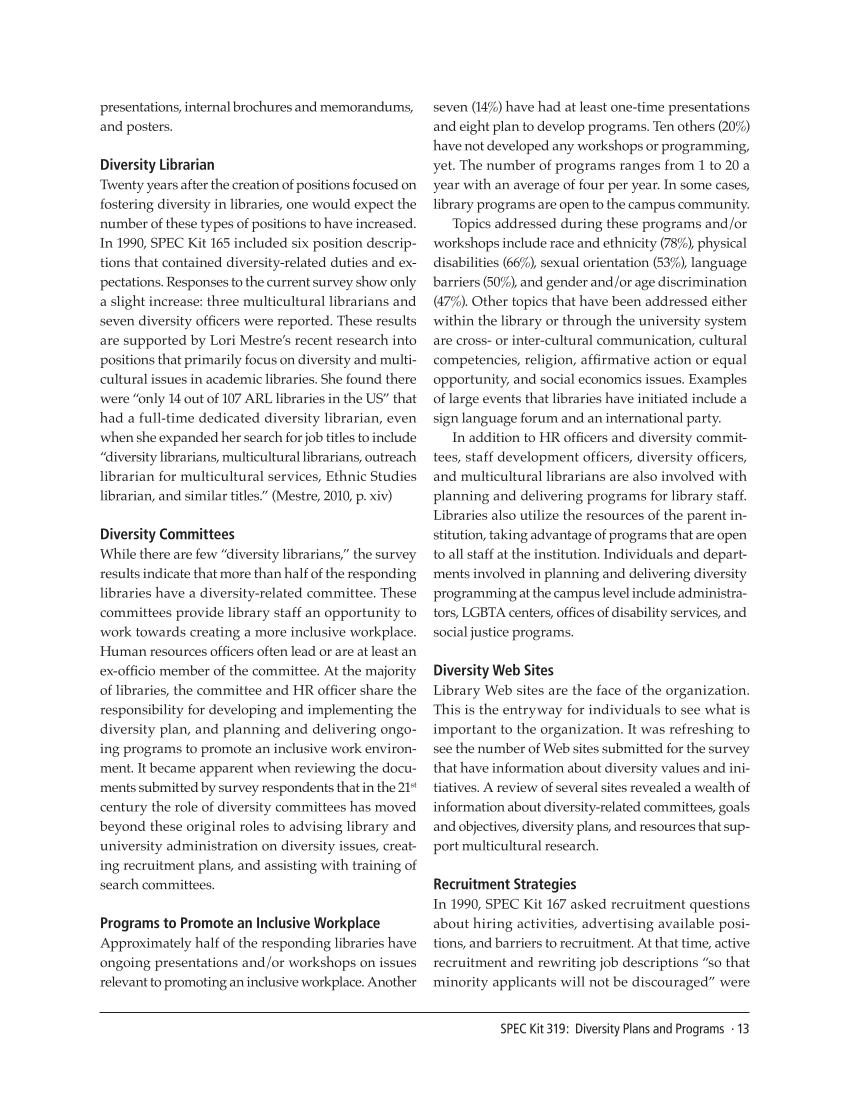 SPEC Kit 319: Diversity Plans and Programs (October 2010) page 13