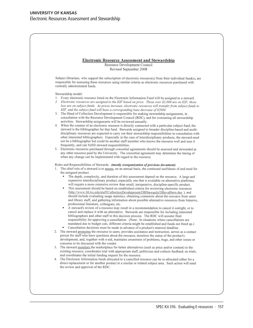 SPEC Kit 316: Evaluating E-resources (July 2010) page 157