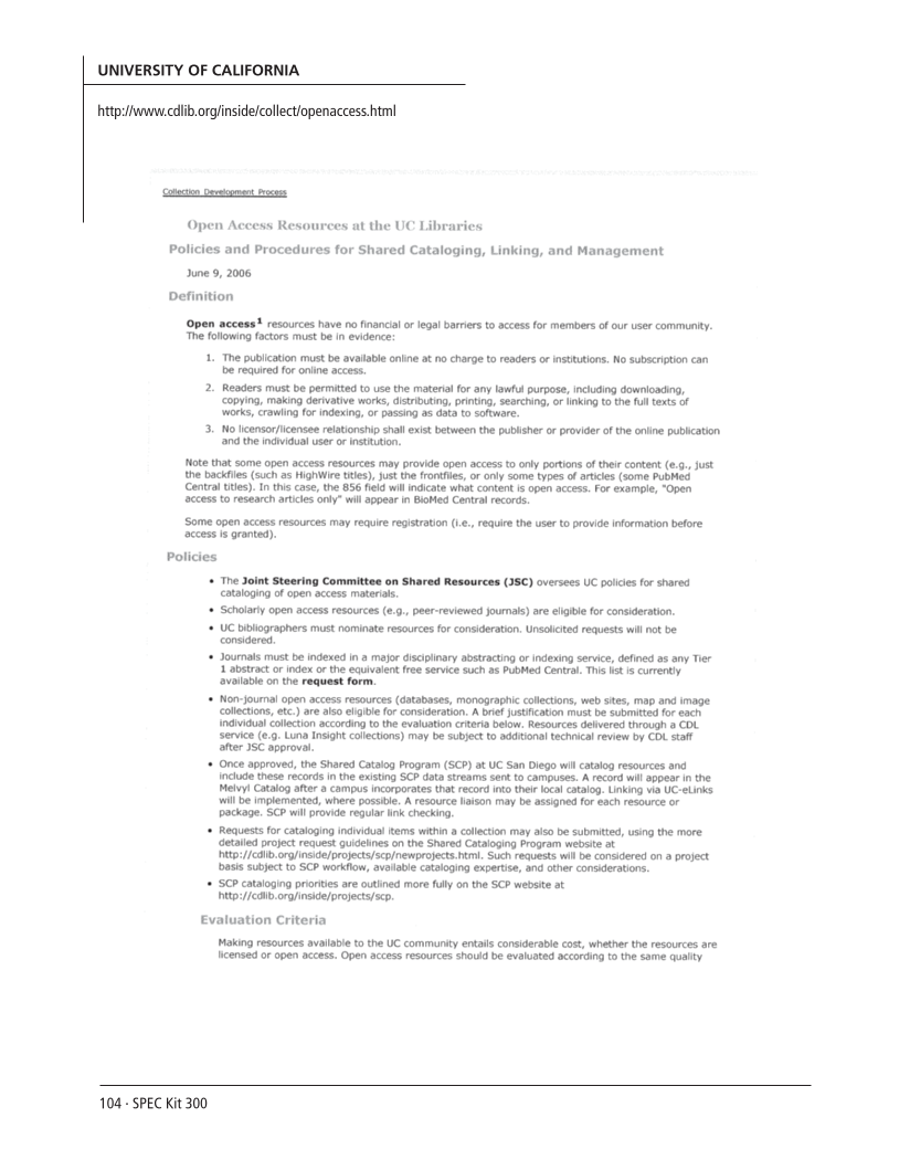 SPEC Kit 300: Open Access Resources (September 2007) page 104