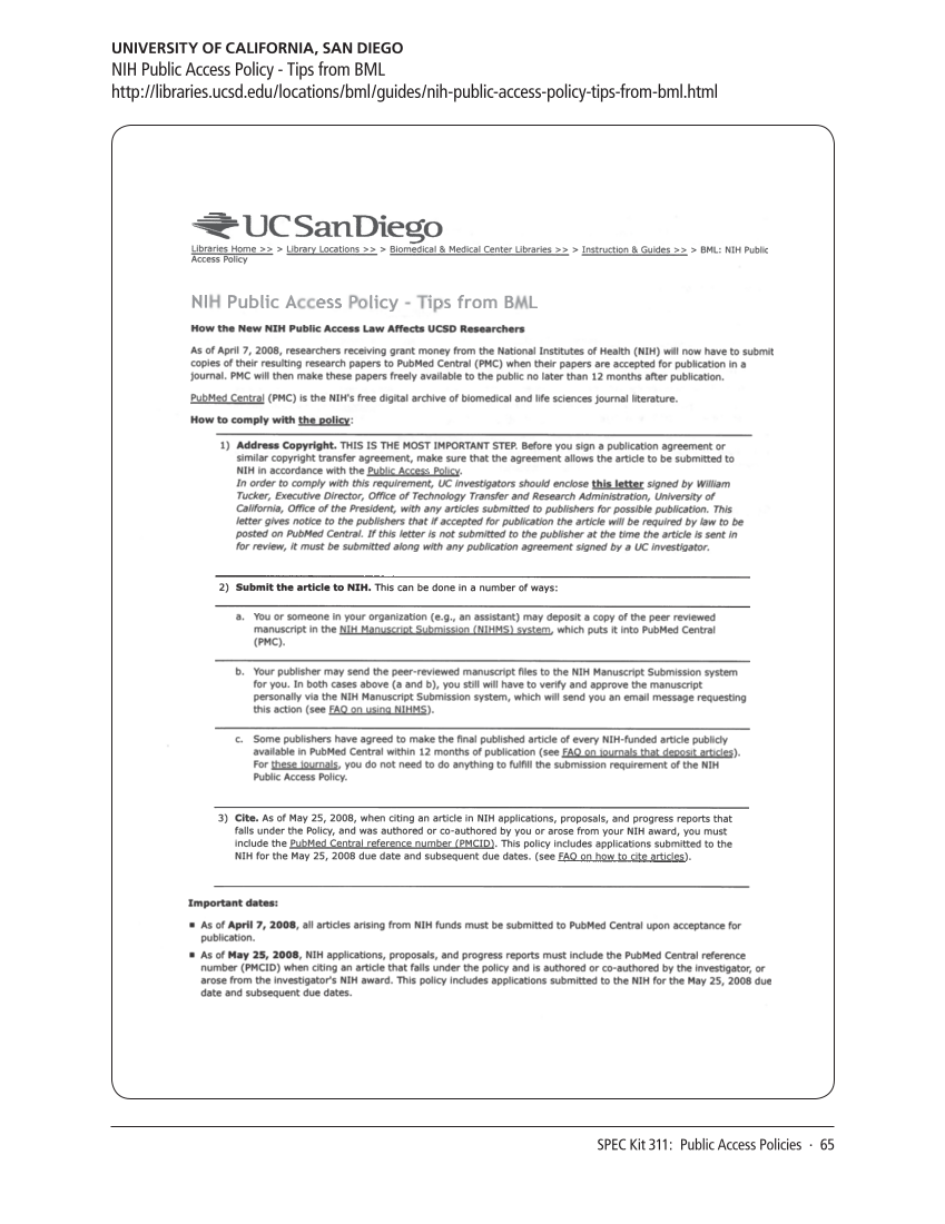 SPEC Kit 311: Public Access Policies (August 2009) page 65