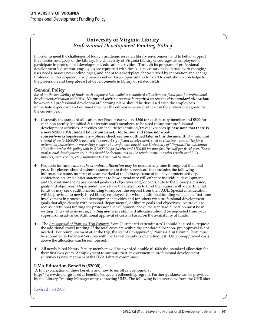 SPEC Kit 315: Leave and Professional Development Benefits (December 2009) page 141