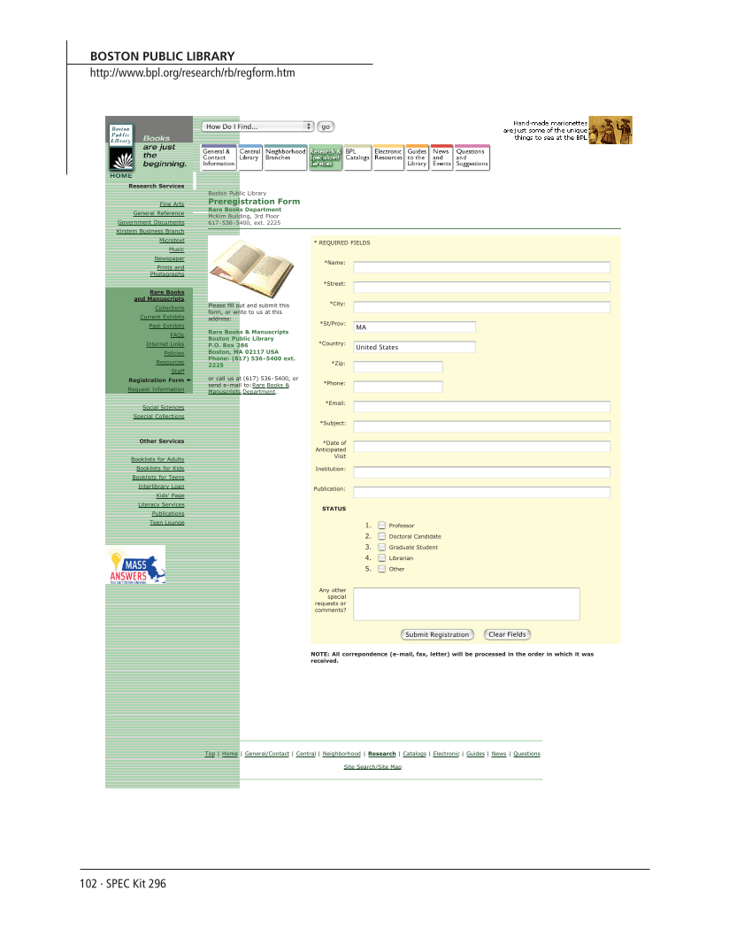 SPEC Kit 296: Public Services in Special Collections (November 2006) page 102