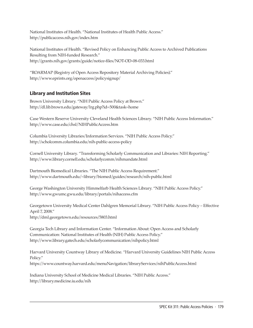 SPEC Kit 311: Public Access Policies (August 2009) page 179