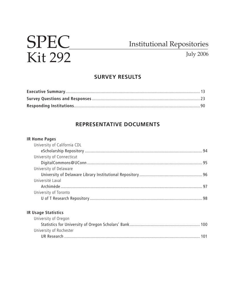 SPEC Kit 292: Institutional Repositories (July 2006) page 7