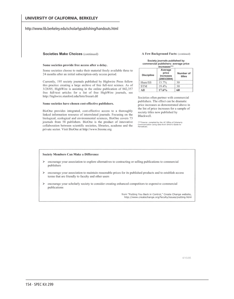 SPEC Kit 299: Scholarly Communication Education Initiatives (August 2007) page 154