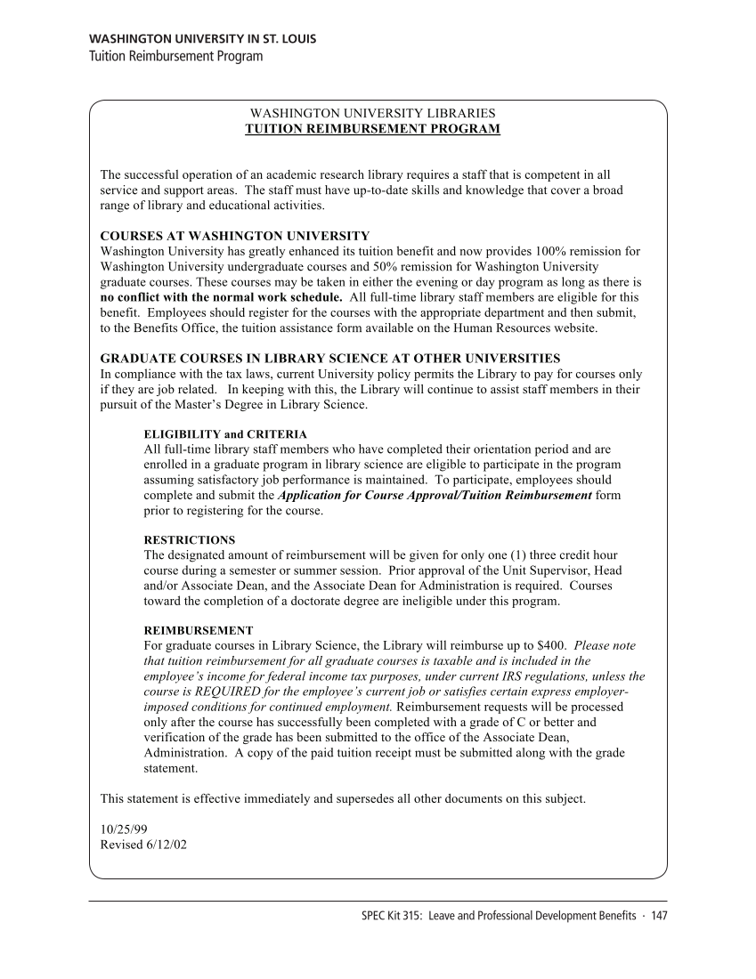 SPEC Kit 315: Leave and Professional Development Benefits (December 2009) page 147