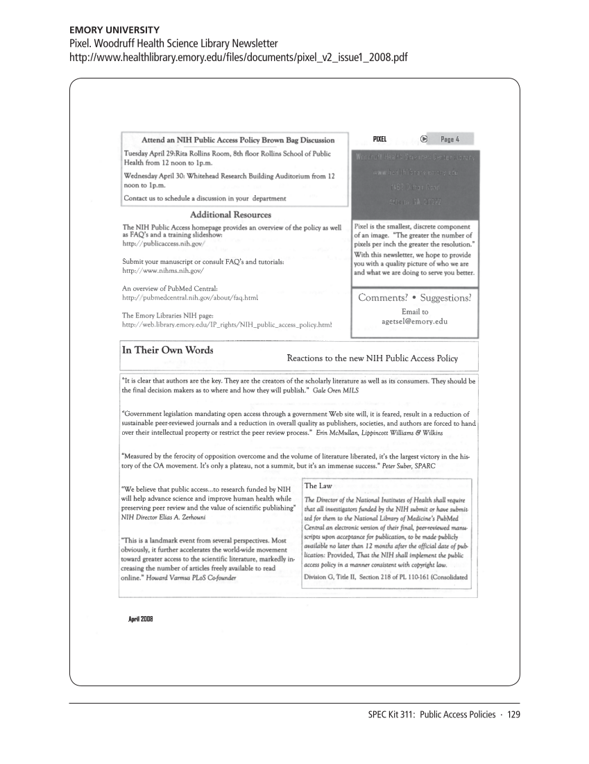 SPEC Kit 311: Public Access Policies (August 2009) page 129