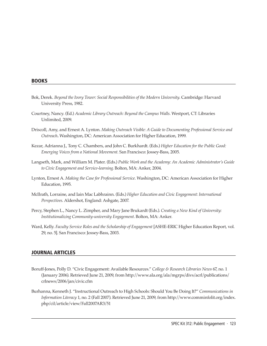 SPEC Kit 312: Public Engagement (September 2009) page 123