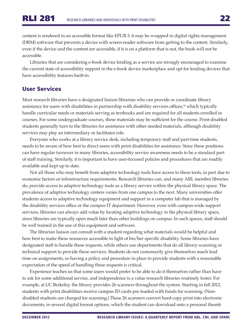 Research Library Issues, no. 281 (Dec. 2012): Special Issue on Services to Patrons with Print Disabilities page 22