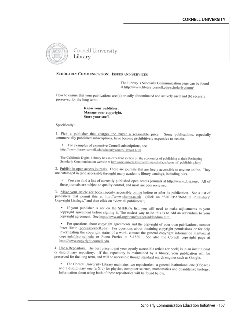 SPEC Kit 299: Scholarly Communication Education Initiatives (August 2007) page 157