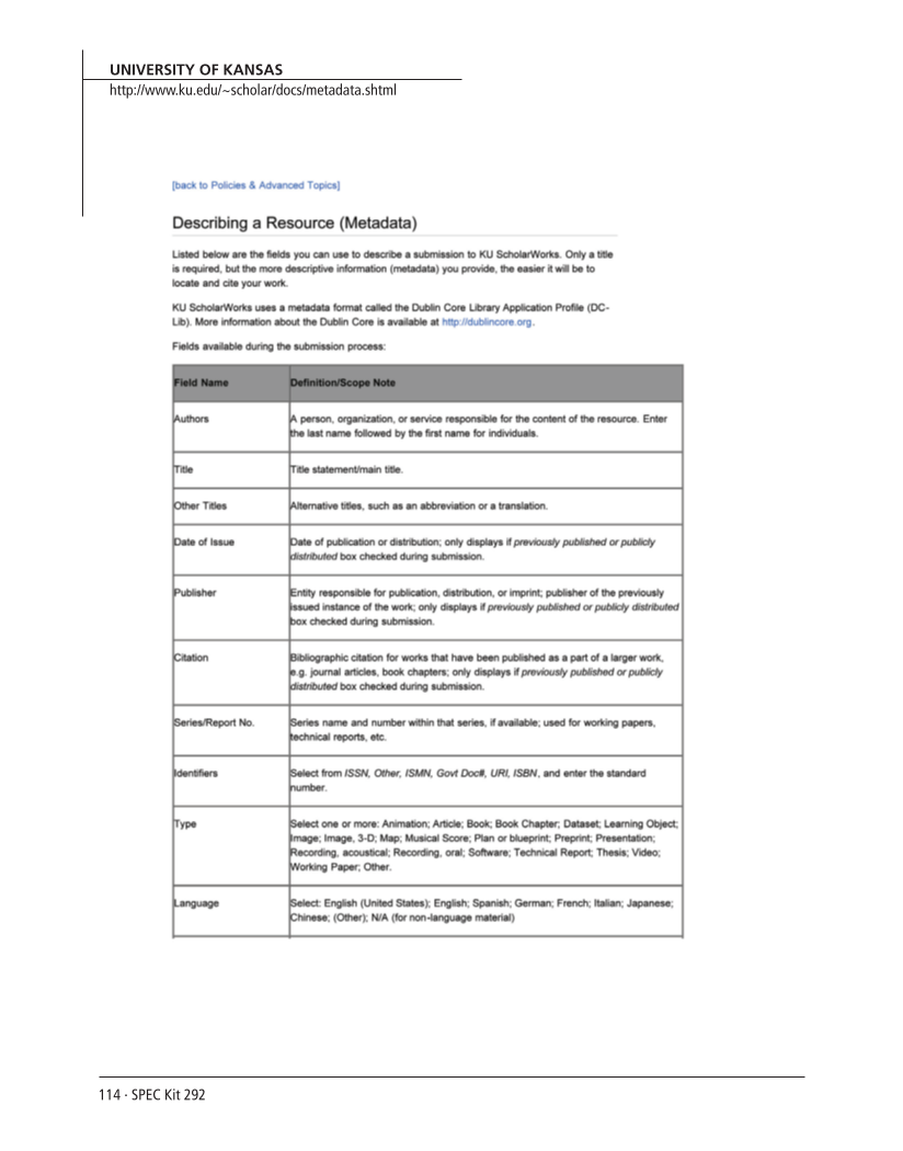 SPEC Kit 292: Institutional Repositories (July 2006) page 114