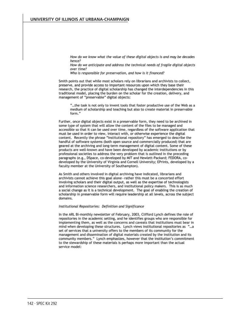 SPEC Kit 292: Institutional Repositories (July 2006) page 142