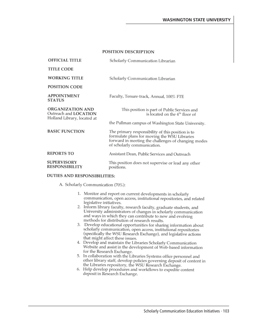 SPEC Kit 299: Scholarly Communication Education Initiatives (August 2007) page 103