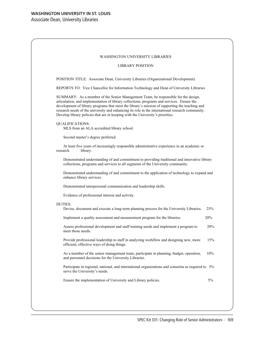 SPEC Kit 331: Changing Role of Senior Administrators (October 2012) page 169