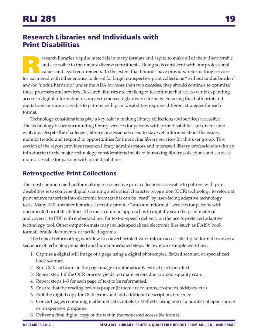 Research Library Issues, no. 281 (Dec. 2012): Special Issue on Services to Patrons with Print Disabilities page 19