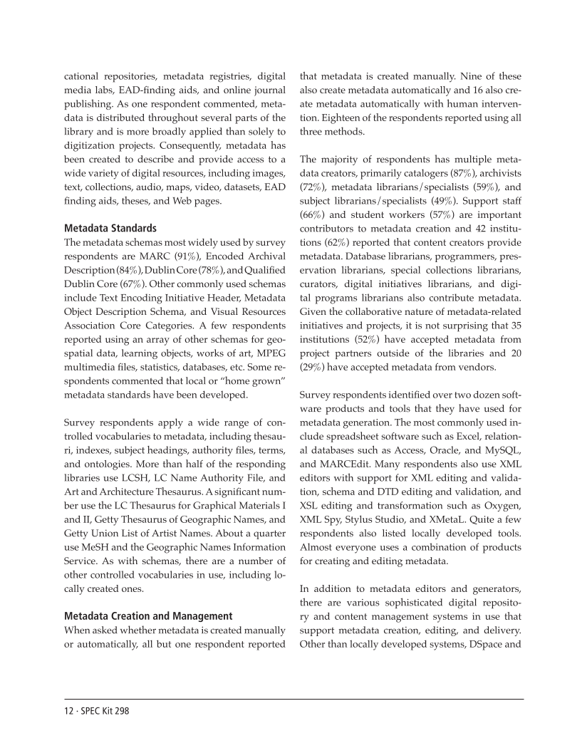 SPEC Kit 298: Metadata (July 2007) page 12