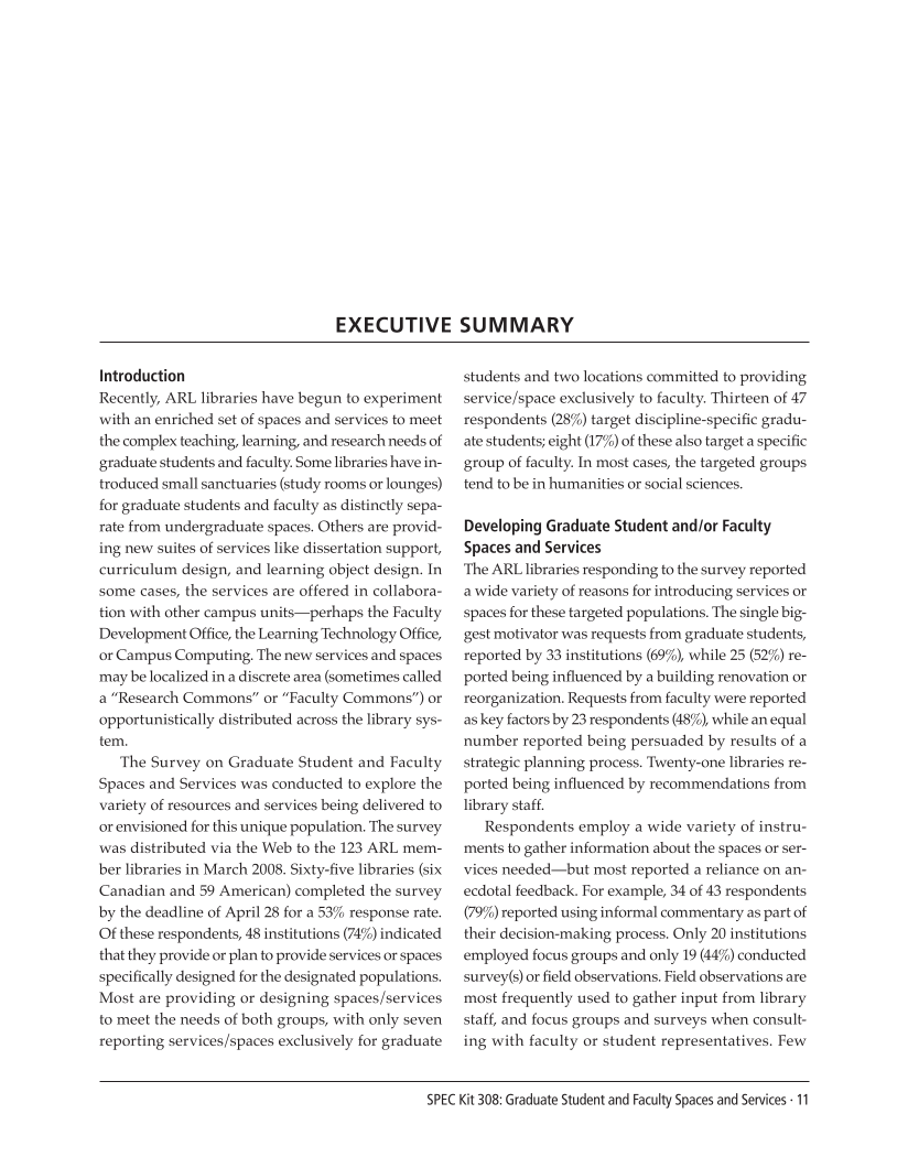 SPEC Kit 308: Graduate Student and Faculty Spaces and Services (November 2008) page 11