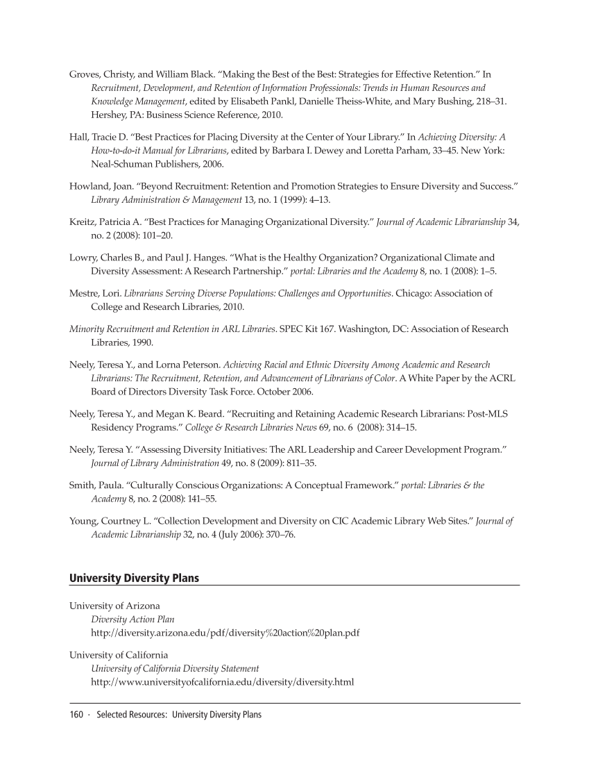 SPEC Kit 319: Diversity Plans and Programs (October 2010) page 160