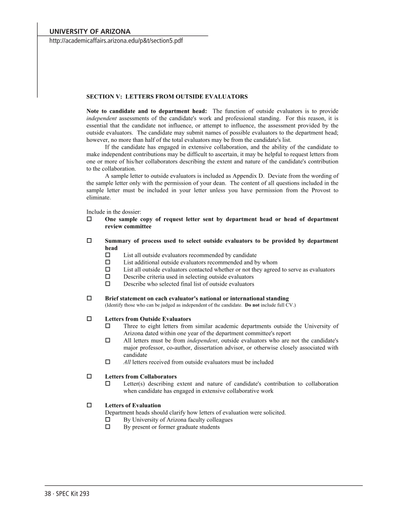 SPEC Kit 293: External Review for Promotion and Tenure (August 2006) page 38